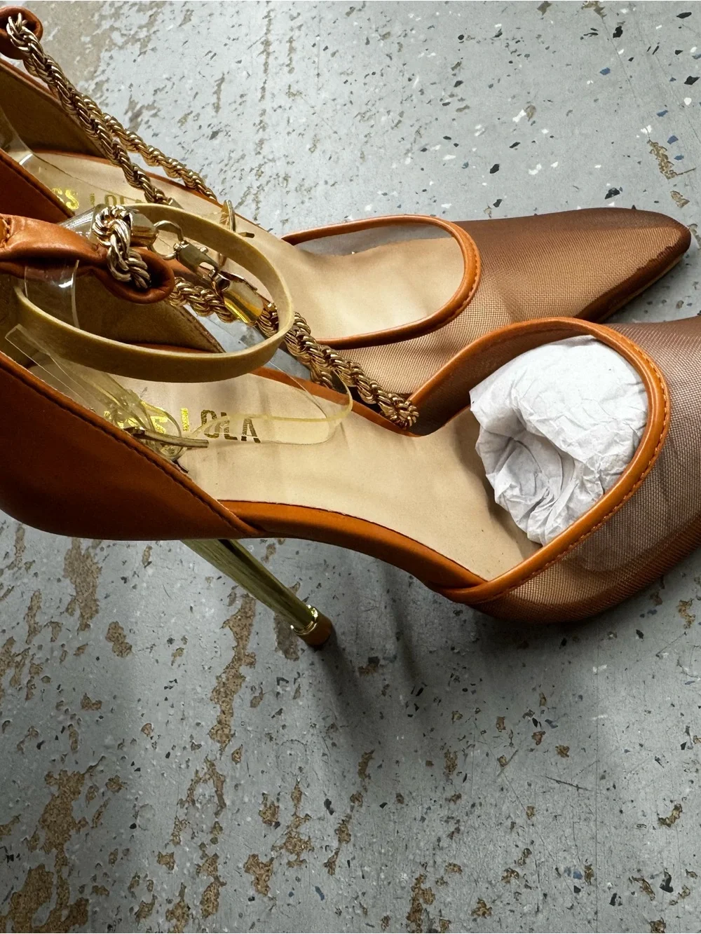 Miss Lola Tan Pointed Toe Mesh Pumps with Gold Chain Ankle Strap